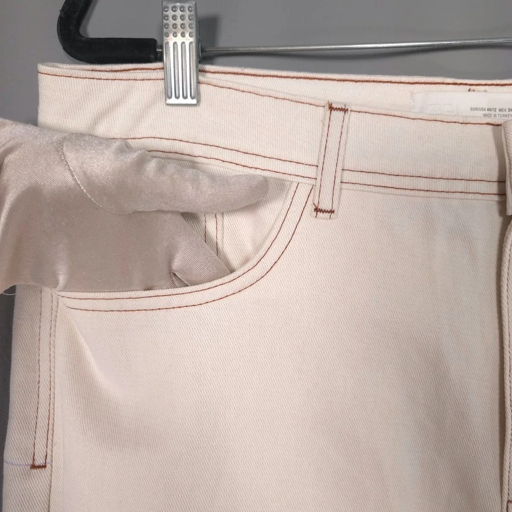ZARA Women New Pants 44/12 Wide Leg Cotton Linen Contrast Stitching 7484/068/251